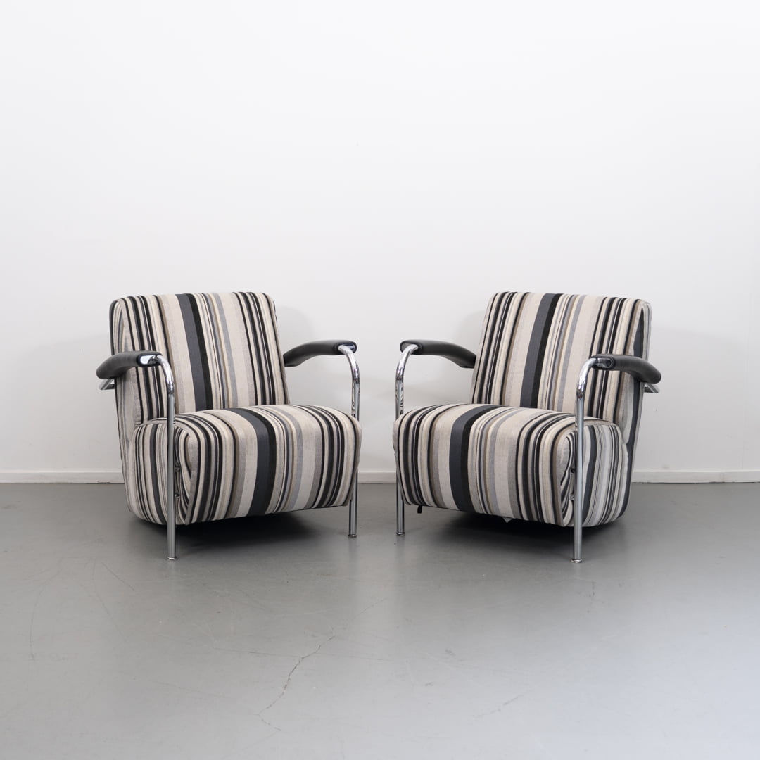 Leolux Scylla fauteuil zwart/grijs/wit gestreepte stof