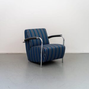Leolux Scylla fauteuils blauw gestreepte stof - chroom