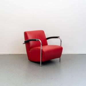 Leolux Scylla fauteuil rood leder + zwarte armleggers