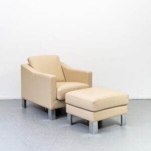 Leolux Antonia Fauteuil + Hocker Crème Leder - Aluminium