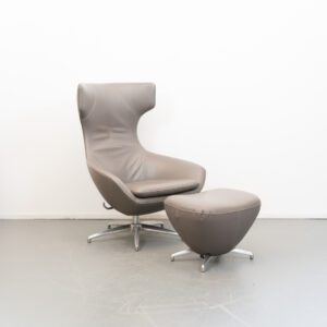 Leolux Caruzzo PLUS Fauteuil + Voetenbank Grijs/Beige Leer