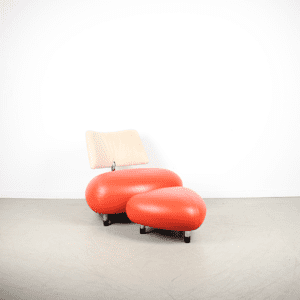 Leolux Pallone Fauteuil + Hocker Rood Leer + Wit Stof