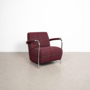 Leolux Scylla Fauteuil Rood Geruit Stof – Chroom