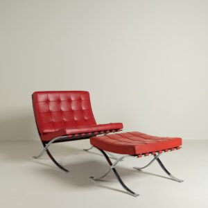 Knoll Barcelona Fauteuil Rood Leer + Hocker